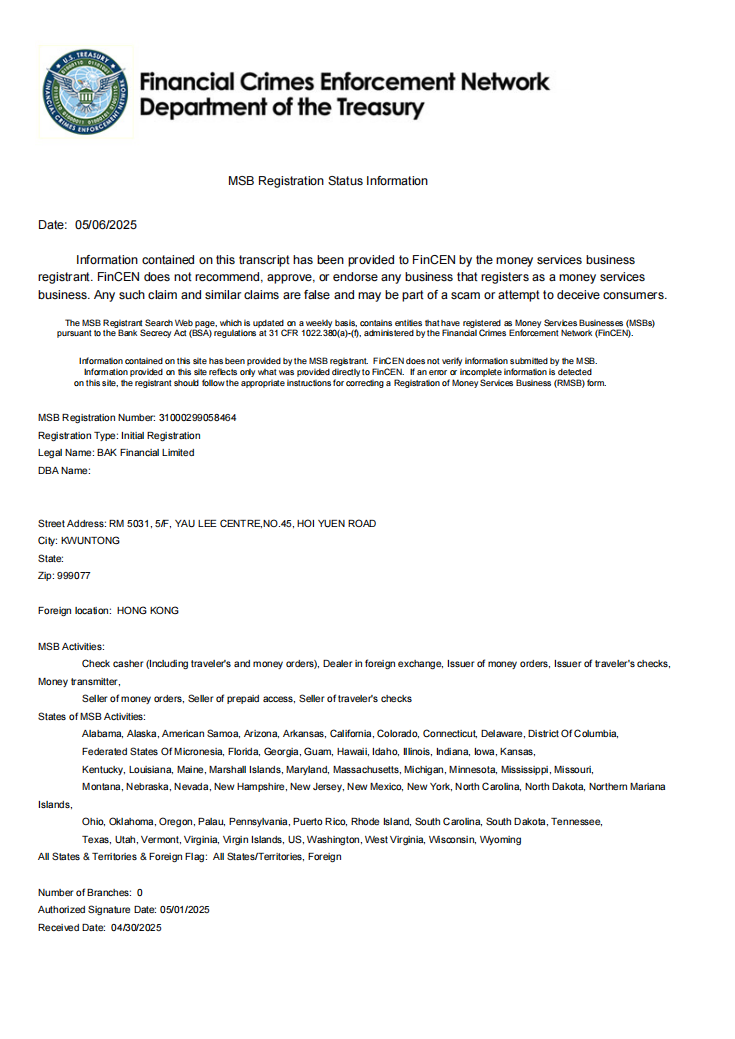 Bak Financial Limited EE.UU. Licencia de Certificado de Licencia MSB